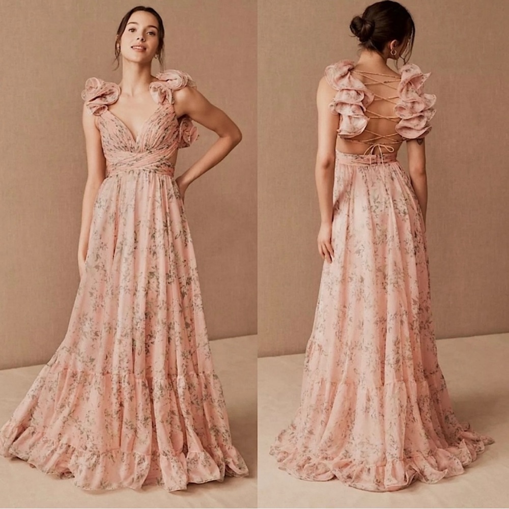 Macduggal RUFFLE TIERED FLORAL CUT-OUT CHIFFON GOWN